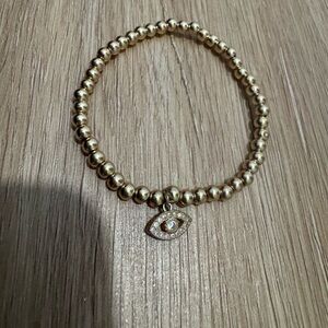 Bloomingdale’s Aqua Stacking Bracelet | Gold Bead Stretch Bracelet with Evil Eye